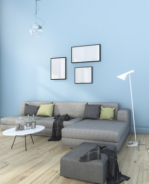 3d rendering nice minimal blue living room with furniture