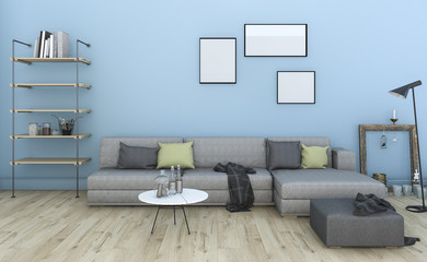 3d rendering nice vintage blue living room with furniture