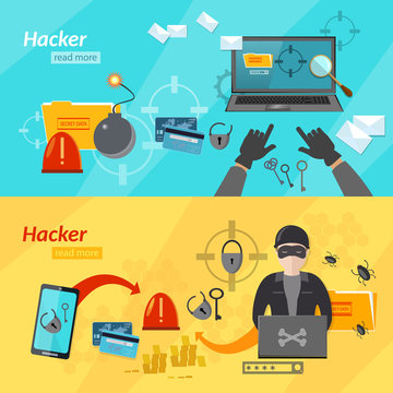 Banners hacker hacking mobile computer virus vector