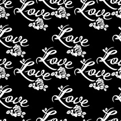 Seamless pattern with single word "love" and roses silhouettes. Original custom hand lettering. Vector clip art.