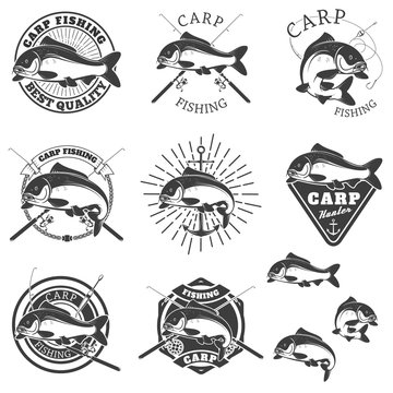 Set of carp fishing labels. Design elements for label, emblem fo