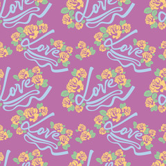 Seamless pattern with single word "love" and roses silhouettes. Original custom hand lettering. Vector clip art.