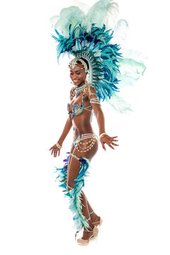 Female dancer in pretty blue feather costume.