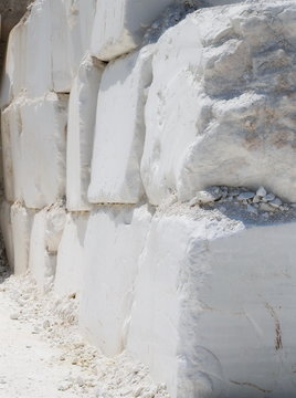Marble quarry, big white blocks of raw marble