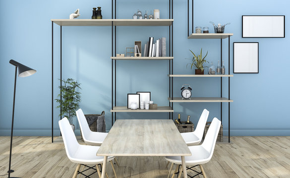 3d rendering blue style living room with shelf decoration