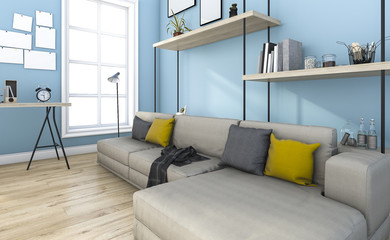 3d rendering blue vintage living room with decoration