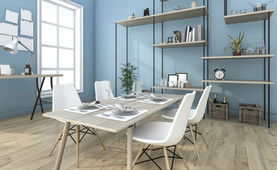 3d rendering nice blue dining room with shelf idea