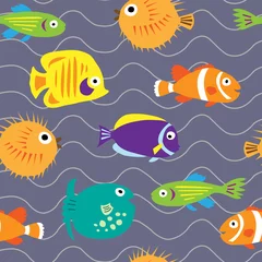 Wall murals Sea waves Seamless background with cute marine fish on the waves