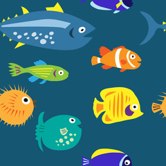 Seamless background with multi-colored cute marine fish