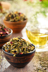 Composition with bowls of tea leaves