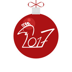 Christmas tree decoration, with red ribbon and bow, on white background. Greeting card template. Chinese New Year of the Rooster. Vector illustration.