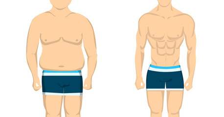 From fat to slim and healthy body. Before and after concept. Changing lifestyle and body shape.