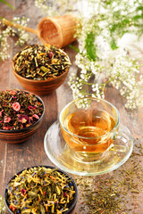 Composition with cup of tea and bowls of tea leaves