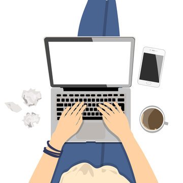 Girl with laptop. Seen from above, plan view. Concept of home office, surfing the Internet, writing and freelance.