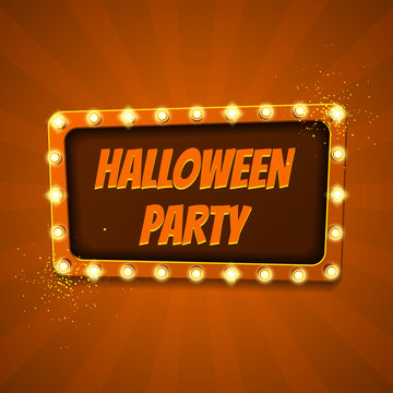 Halloween party banner. Retro label with glowing lamps. Vector illustration with shining lights in vintage style. Greeting card template.