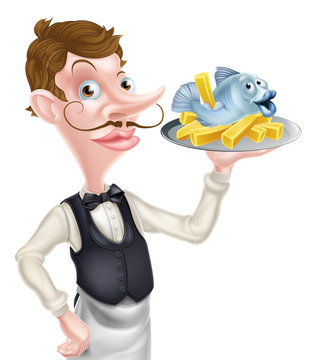 cartoon waiter serving fish and chips clip art preview