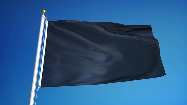 Dark black flag waving in slow motion against blue sky, seamlessly looped, close up, isolated on alpha channel with black and white luminance matte, perfect for film, news, digital composition