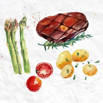 Hand painted vegetables and a steak