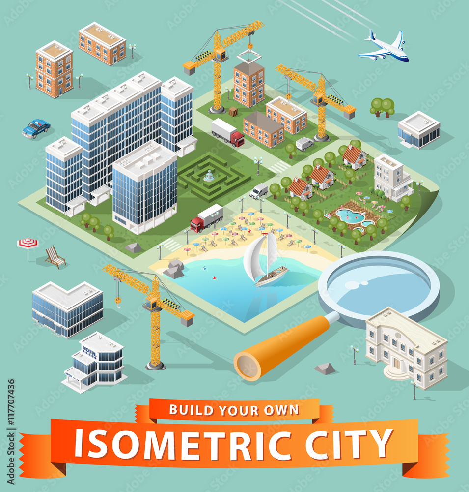 Poster build your own isometric city. vector elements.