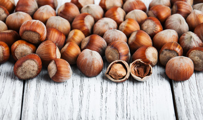 hazelnuts on a wooden table