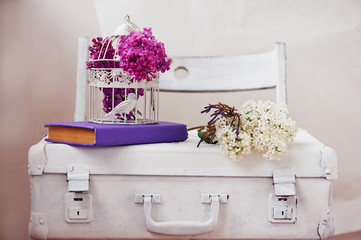 White painted suitcase on a light background, with the lilac and purple book. Decorative white birdcage with purple lilac