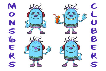 Set of Cute Cartoon Monsters Clubbers, Colorful Characters in Headphones, Listening Music, Smiling and Dancing, Elements for Your Holiday Party Design, Prints and Banners, Isolated on White.