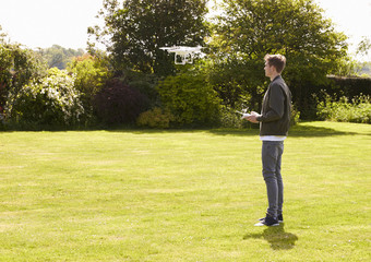 Man Flying Drone Quadcopter In Garden