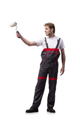 Fototapeta premium Painter with roller brush isolated on white