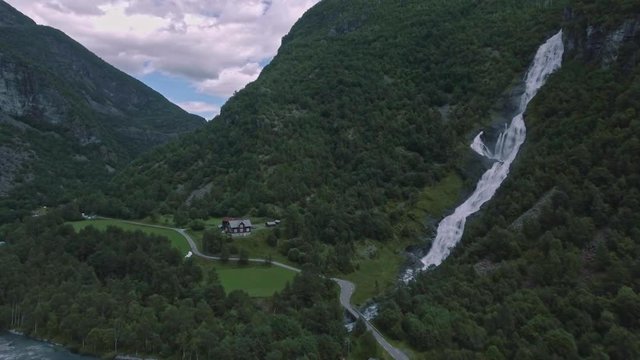 Beautiful aerial view on Hjellenfossen waterfall, Utladalen, Ardal, Norway.