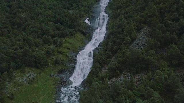 Beautiful aerial view on Hjellenfossen waterfall, Utladalen, Ardal, Norway.