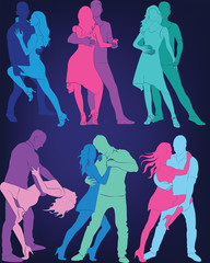 Social dances. A set of silhouettes of a dancing couple.