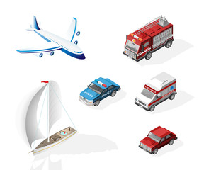 Isometric Police Car , Fire Truck , Ambulance , Airplane , Boat and Car