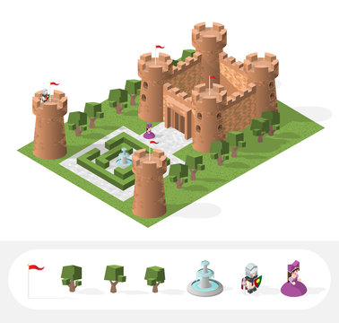 Set of Isolated High Quality Isometric Medieval Elements. Castle on White Background.