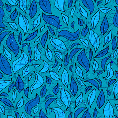 Seamless blue leaf pattern hand draw style. Vector illustration
