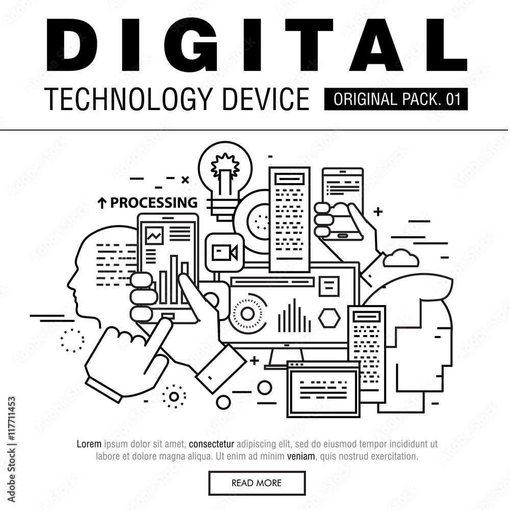 Poster modern digital technology pack. thin line icons set internet technology. devices set collection with