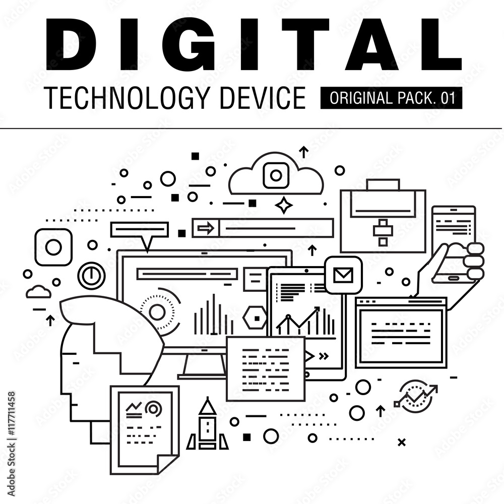 Poster modern digital technology pack. thin line icons set internet technology. devices set collection with