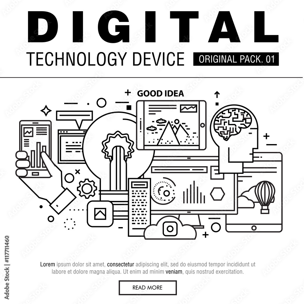 Poster modern digital technology pack. thin line icons set internet technology. devices set collection with