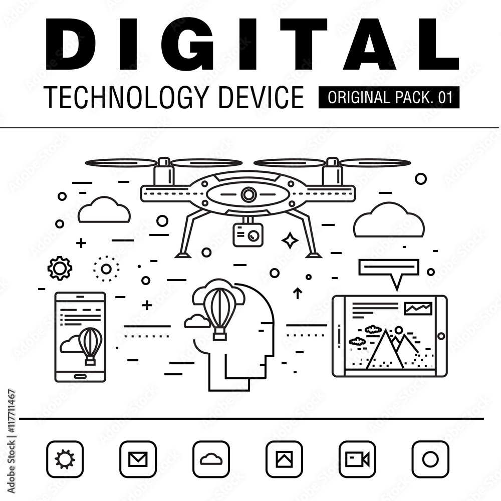 Poster modern digital technology pack. thin line icons set internet technology. devices set collection with