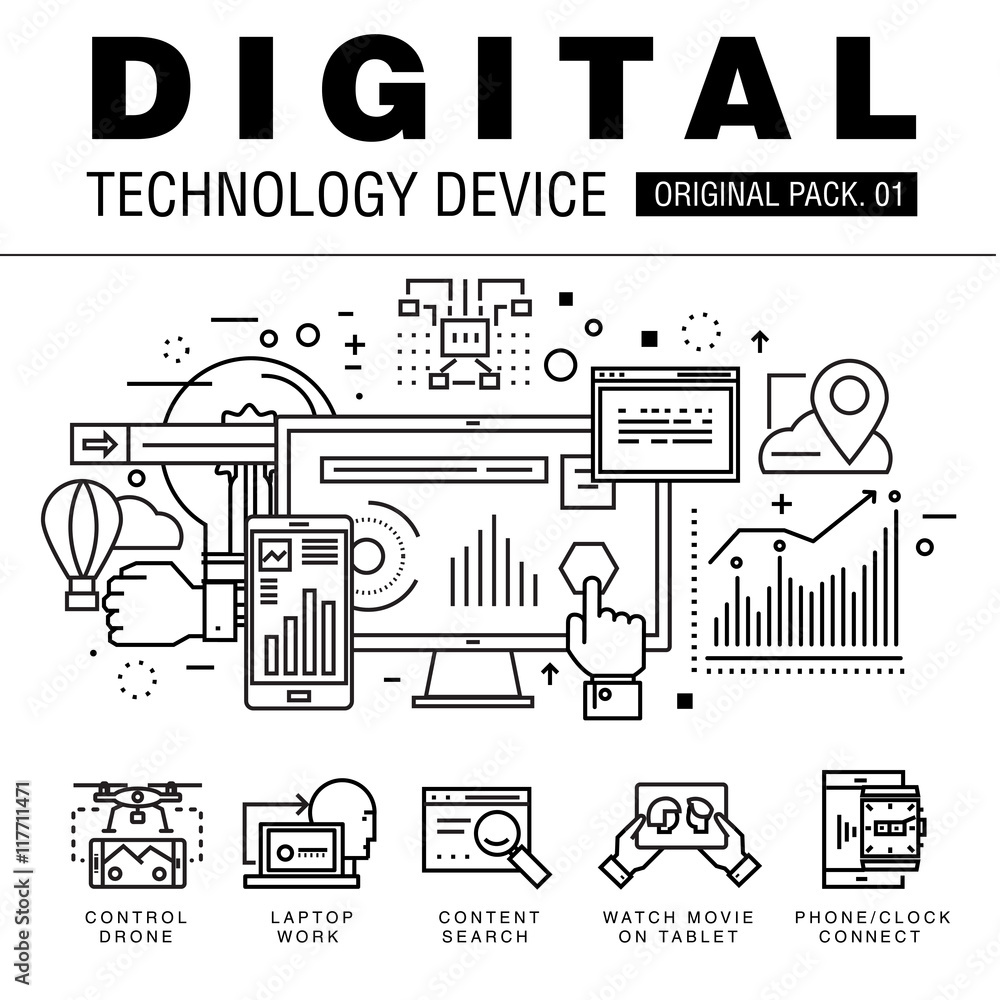 Aufkleber modern digital technology pack. thin line icons set internet technology. devices set collection with
