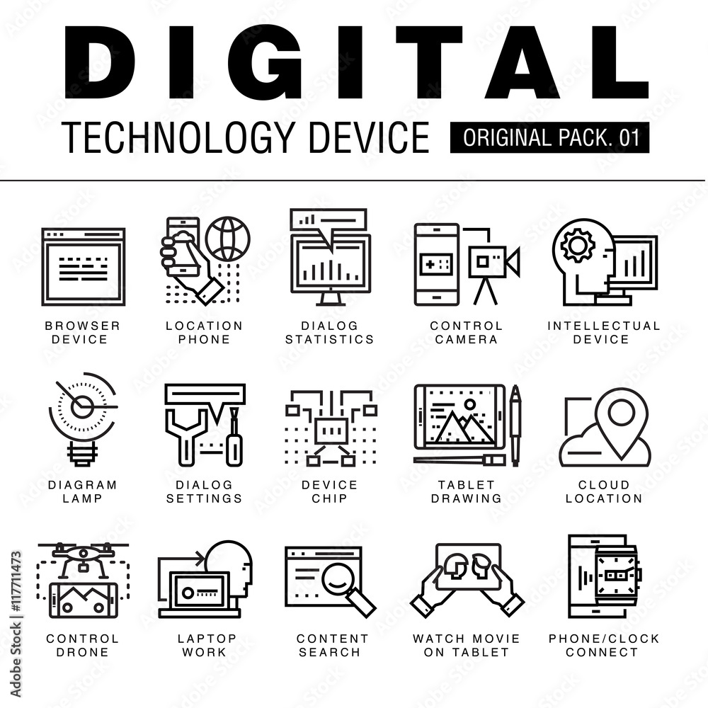 Aufkleber modern digital technology pack. thin line icons set internet technology. devices set collection with