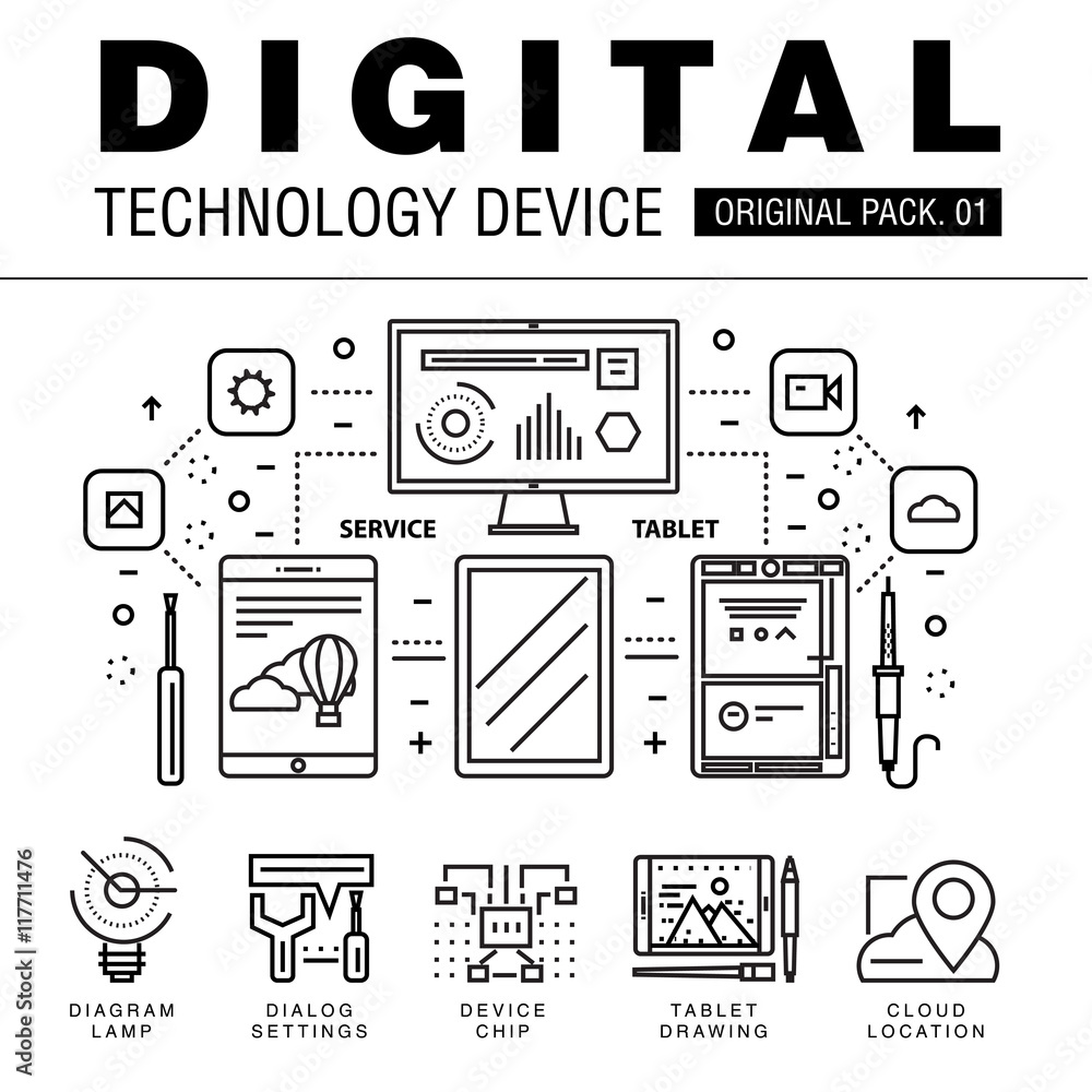 Aufkleber modern digital technology pack. thin line icons set internet technology. devices set collection with