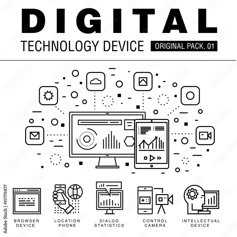 Aufkleber modern digital technology pack. thin line icons set internet technology. devices set collection with