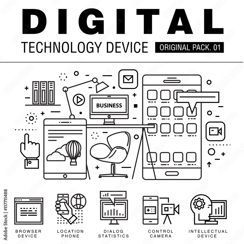 Poster modern digital technology pack. thin line icons set internet technology. devices set collection with