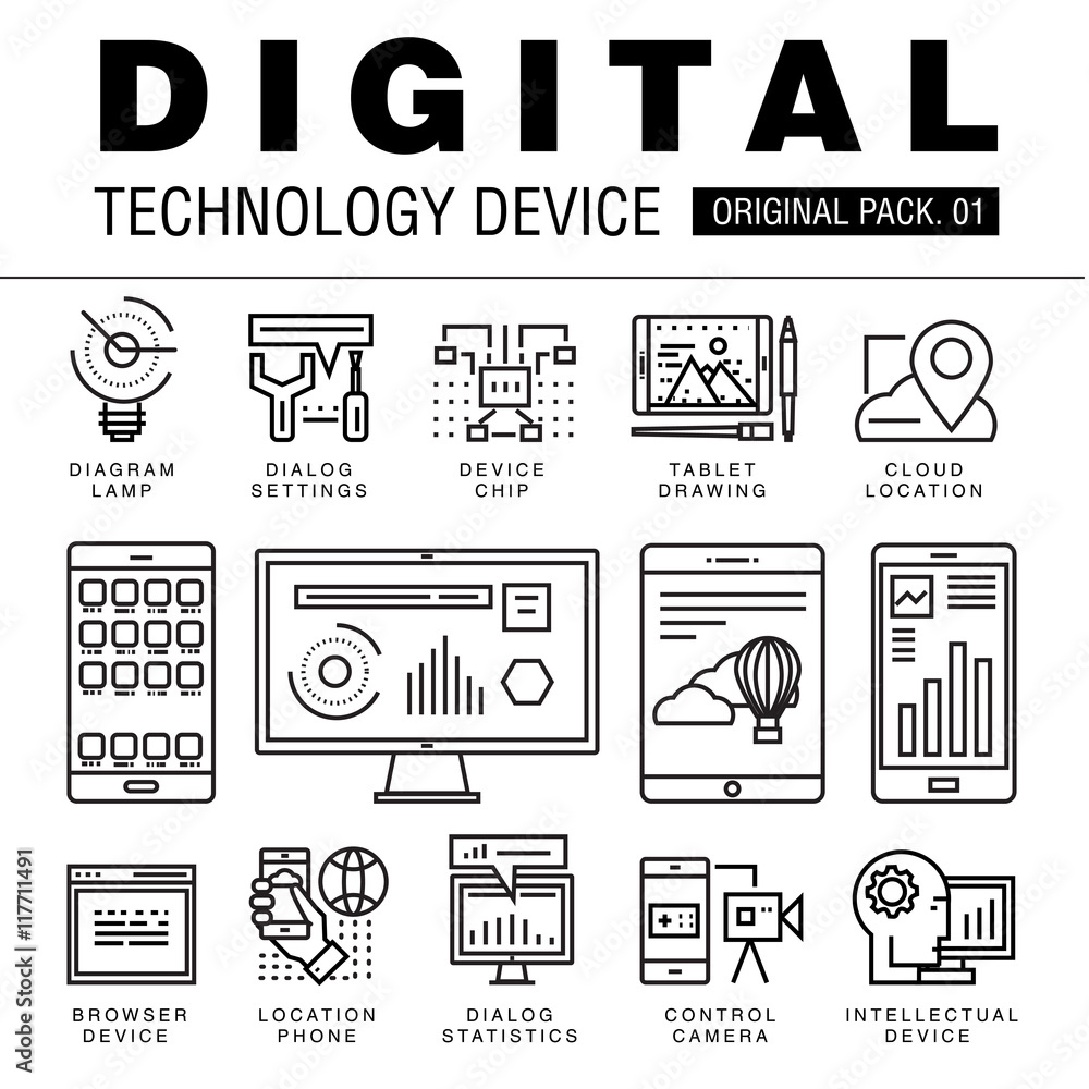 Poster modern digital technology pack. thin line icons set internet technology. devices set collection with