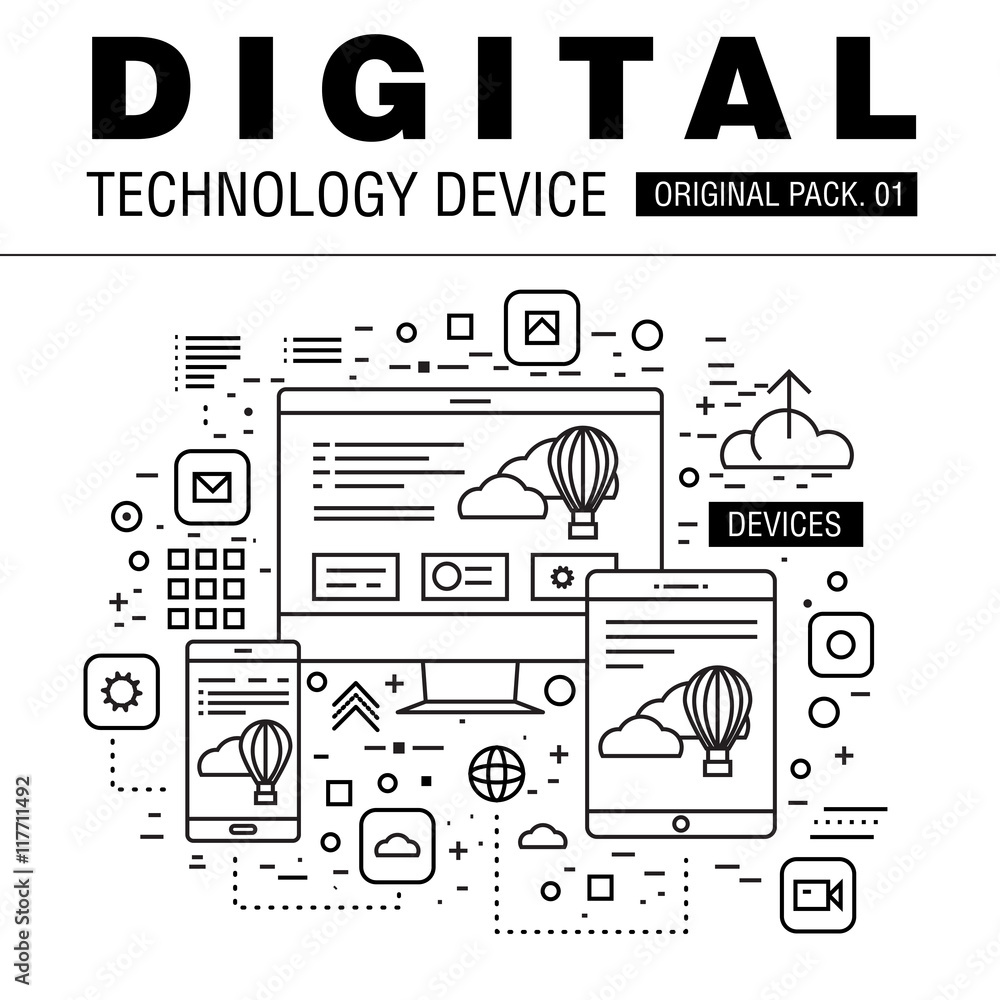 Aufkleber modern digital technology pack. thin line icons set internet technology. devices set collection with