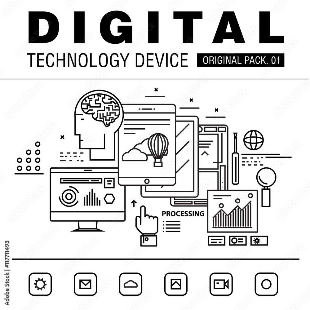 Poster modern digital technology pack. thin line icons set internet technology. devices set collection with
