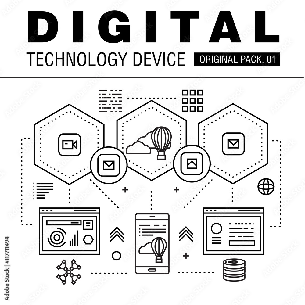 Aufkleber modern digital technology pack. thin line icons set internet technology. devices set collection with