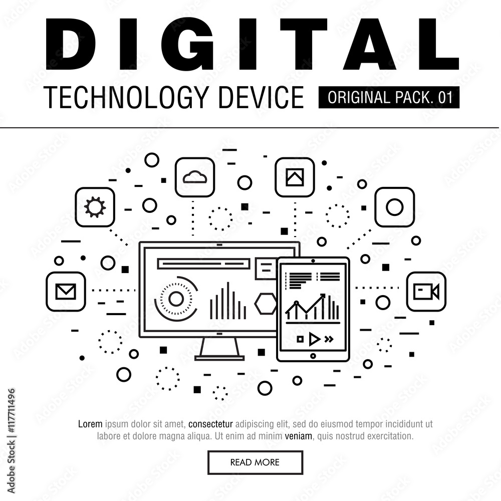 Aufkleber modern digital technology pack. thin line icons set internet technology. devices set collection with