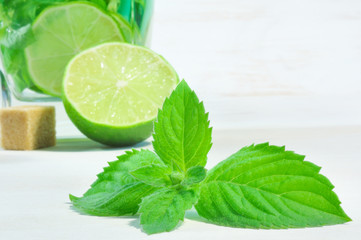 Green mint on wooden background