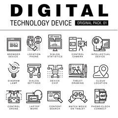 Modern digital technology pack. Thin line icons set internet technology. Devices set collection with global industry elements. Premium quality vector symbol. Stroke pictogram for web design.